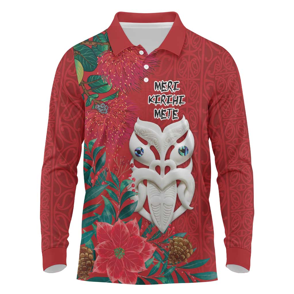 Maori Wheku Meri Kirihimete Personalised Long Sleeve Polo Shirt All Red Indigenous Maori Motif - Aussie Hoodie