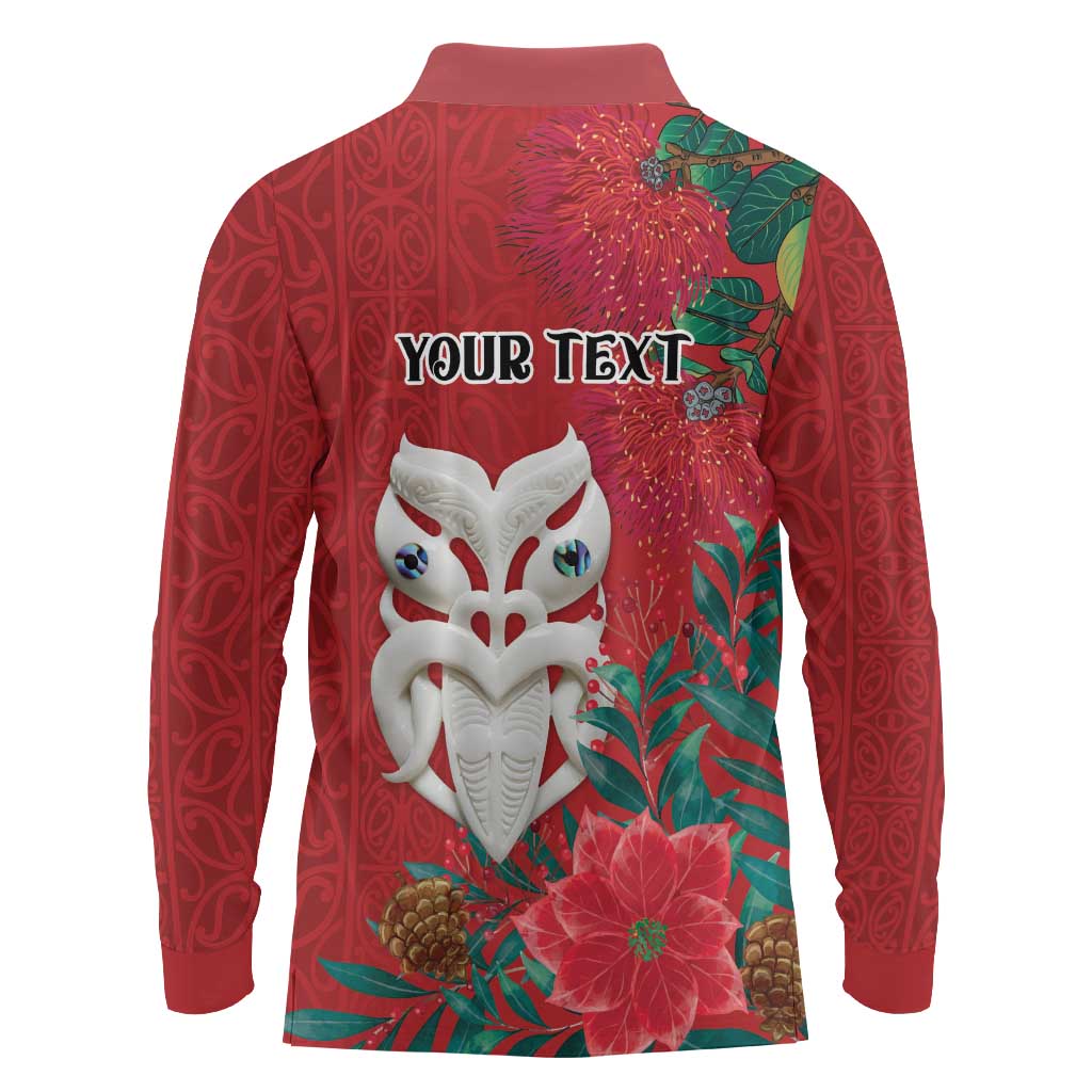 Maori Wheku Meri Kirihimete Personalised Long Sleeve Polo Shirt All Red Indigenous Maori Motif - Aussie Hoodie