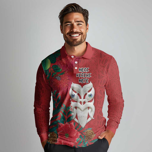 Maori Wheku Meri Kirihimete Personalised Long Sleeve Polo Shirt All Red Indigenous Maori Motif - Aussie Hoodie