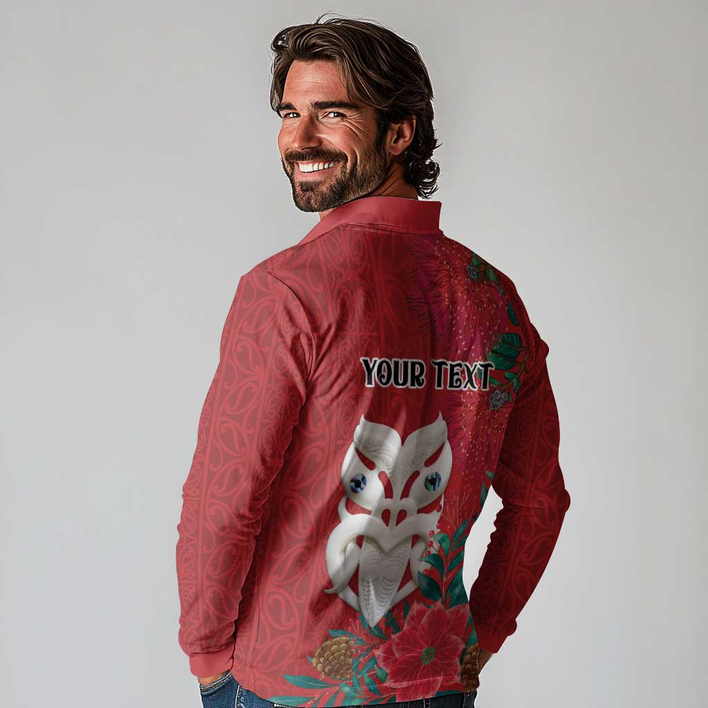 Maori Wheku Meri Kirihimete Personalised Long Sleeve Polo Shirt All Red Indigenous Maori Motif - Aussie Hoodie