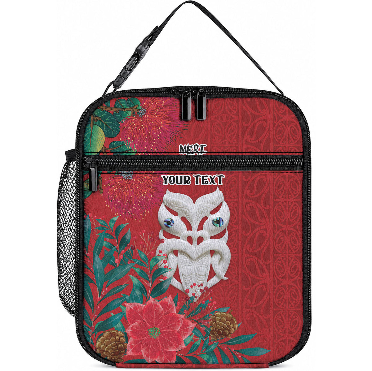 Maori Wheku Meri Kirihimete Personalised Lunch Bag All Red Indigenous Maori Motif