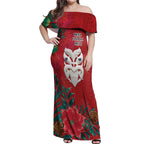Maori Wheku Meri Kirihimete Personalised Off Shoulder Maxi Dress All Red Indigenous Maori Motif - Aussie Hoodie