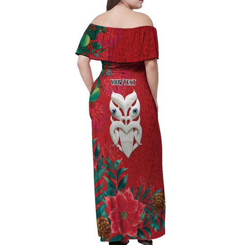 Maori Wheku Meri Kirihimete Personalised Off Shoulder Maxi Dress All Red Indigenous Maori Motif - Aussie Hoodie