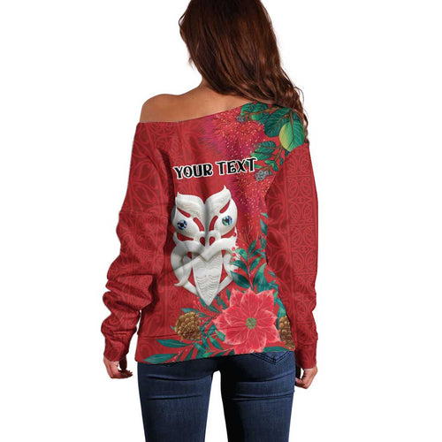 Maori Wheku Meri Kirihimete Personalised Off Shoulder Sweater All Red Indigenous Maori Motif - Aussie Hoodie