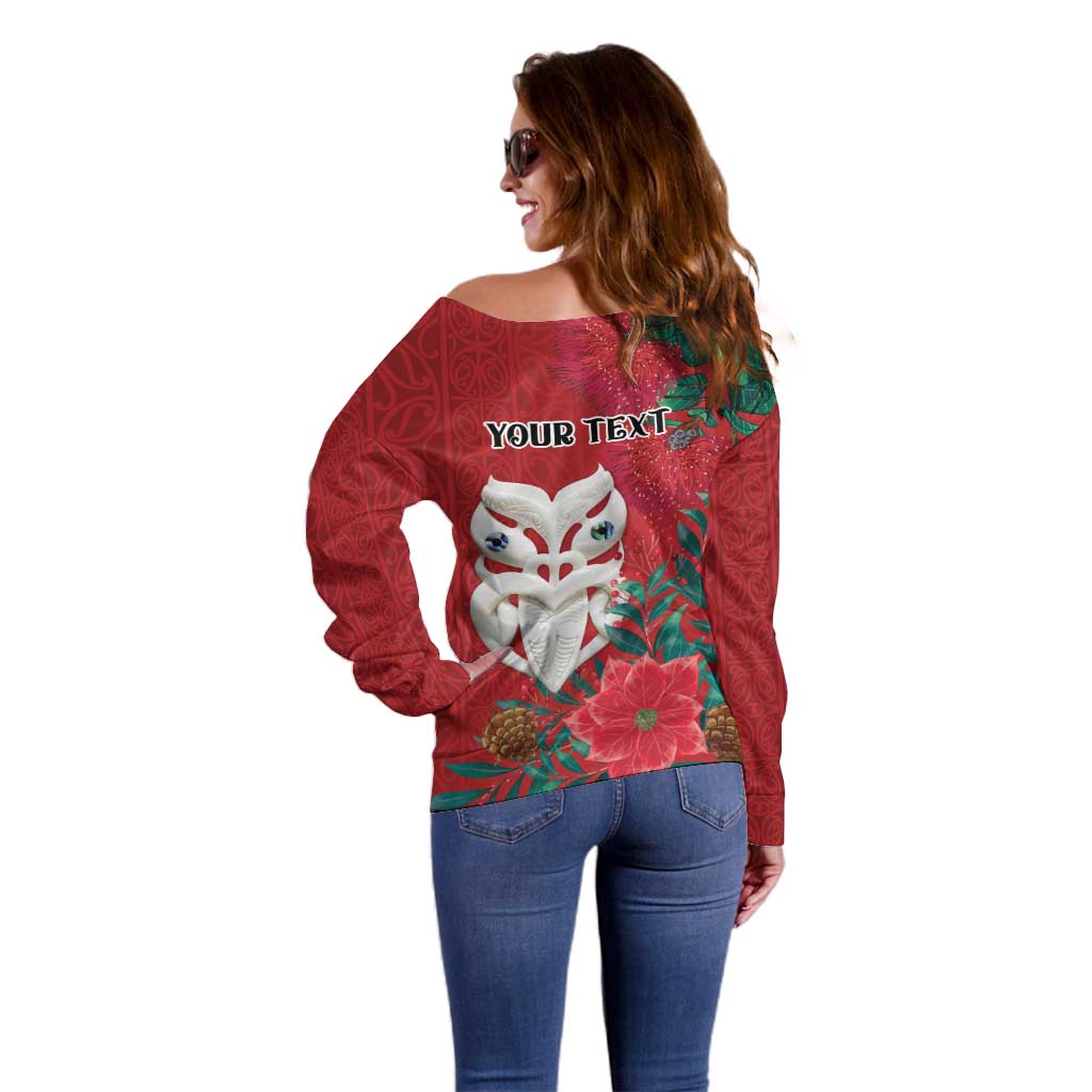Maori Wheku Meri Kirihimete Personalised Off Shoulder Sweater All Red Indigenous Maori Motif - Aussie Hoodie