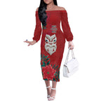 Maori Wheku Meri Kirihimete Personalised Off The Shoulder Long Sleeve Dress All Red Indigenous Maori Motif - Aussie Hoodie