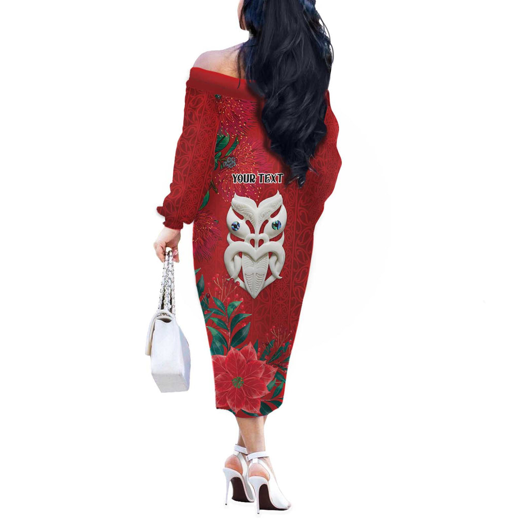 Maori Wheku Meri Kirihimete Personalised Off The Shoulder Long Sleeve Dress All Red Indigenous Maori Motif - Aussie Hoodie