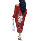 Maori Wheku Meri Kirihimete Personalised Off The Shoulder Long Sleeve Dress All Red Indigenous Maori Motif - Aussie Hoodie