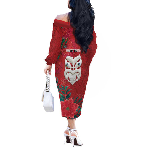 Maori Wheku Meri Kirihimete Personalised Off The Shoulder Long Sleeve Dress All Red Indigenous Maori Motif - Aussie Hoodie