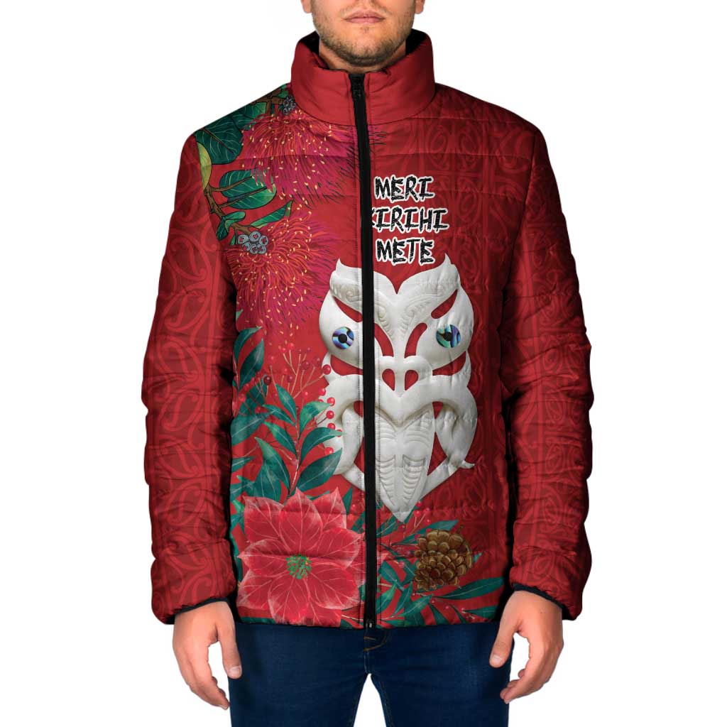 Maori Wheku Meri Kirihimete Personalised Padded Jacket All Red Indigenous Maori Motif - Aussie Hoodie