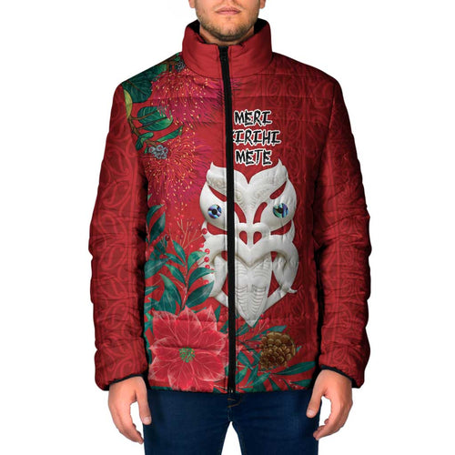 Maori Wheku Meri Kirihimete Personalised Padded Jacket All Red Indigenous Maori Motif - Aussie Hoodie