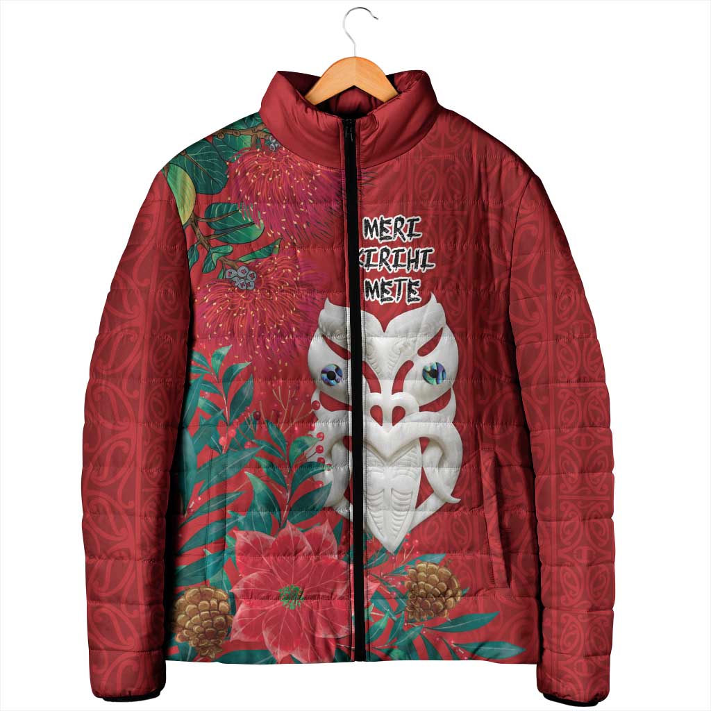 Maori Wheku Meri Kirihimete Personalised Padded Jacket All Red Indigenous Maori Motif - Aussie Hoodie