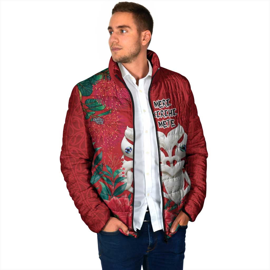 Maori Wheku Meri Kirihimete Personalised Padded Jacket All Red Indigenous Maori Motif - Aussie Hoodie