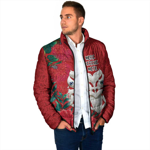 Maori Wheku Meri Kirihimete Personalised Padded Jacket All Red Indigenous Maori Motif - Aussie Hoodie