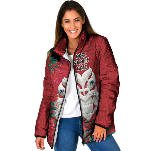 Maori Wheku Meri Kirihimete Personalised Padded Jacket All Red Indigenous Maori Motif - Aussie Hoodie