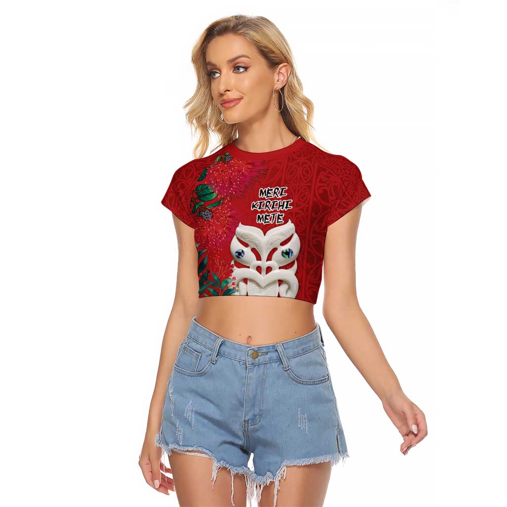 Maori Wheku Meri Kirihimete Personalised Raglan Cropped T Shirt All Red Indigenous Maori Motif - Aussie Hoodie