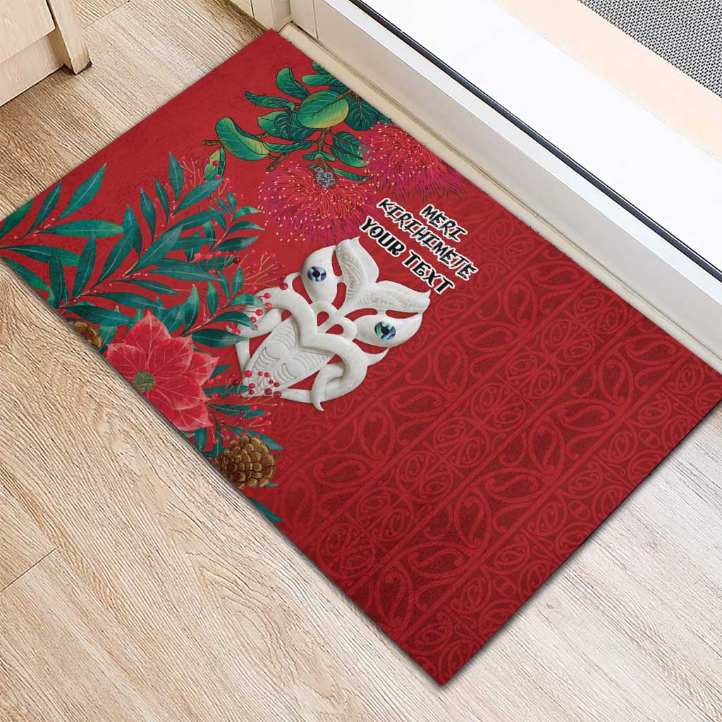Maori Wheku Meri Kirihimete Personalised Rubber Doormat All Red Indigenous Maori Motif - Aussie Hoodie