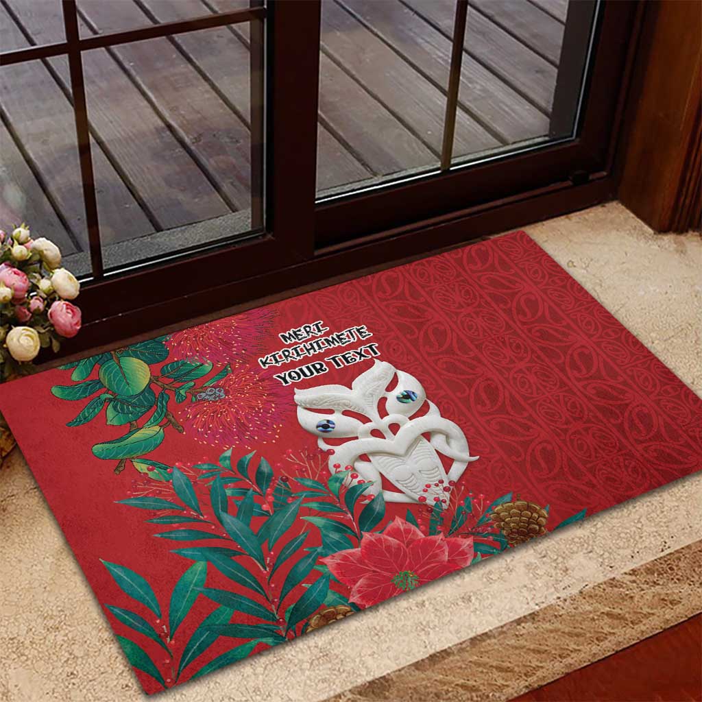 Maori Wheku Meri Kirihimete Personalised Rubber Doormat All Red Indigenous Maori Motif - Aussie Hoodie