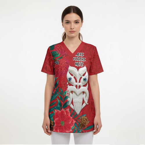 Maori Wheku Meri Kirihimete Personalised Scrub Top All Red Indigenous Maori Motif - Aussie Hoodie