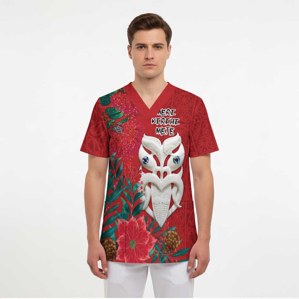 Maori Wheku Meri Kirihimete Personalised Scrub Top All Red Indigenous Maori Motif - Aussie Hoodie