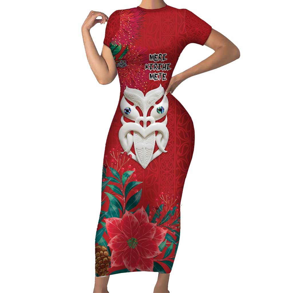 Maori Wheku Meri Kirihimete Personalised Short Sleeve Bodycon Dress All Red Indigenous Maori Motif - Aussie Hoodie