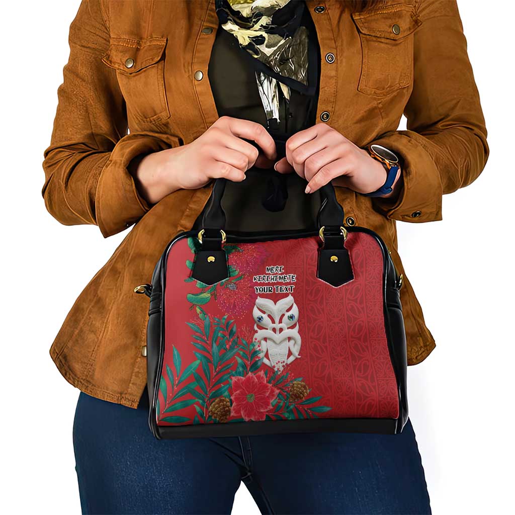 Maori Wheku Meri Kirihimete Personalised Shoulder Handbag All Red Indigenous Maori Motif - Aussie Hoodie