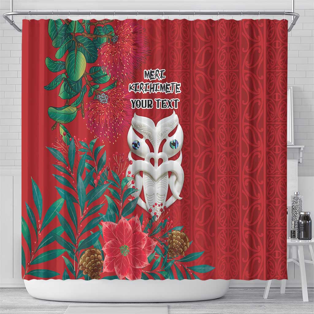 Maori Wheku Meri Kirihimete Personalised Shower Curtain All Red Indigenous Maori Motif - Aussie Hoodie