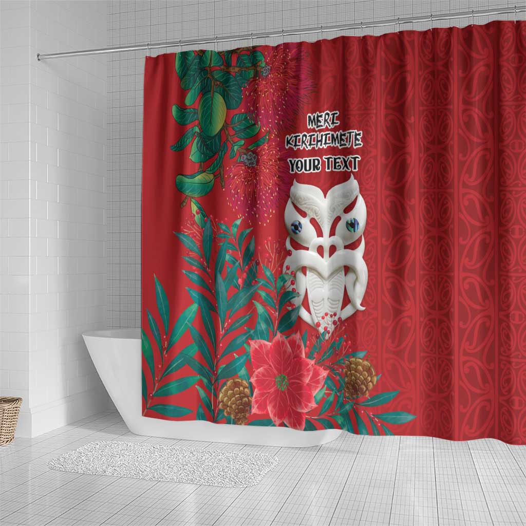 Maori Wheku Meri Kirihimete Personalised Shower Curtain All Red Indigenous Maori Motif - Aussie Hoodie