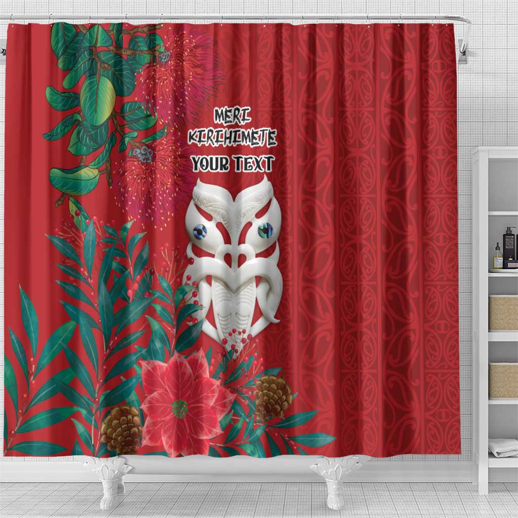 Maori Wheku Meri Kirihimete Personalised Shower Curtain All Red Indigenous Maori Motif - Aussie Hoodie