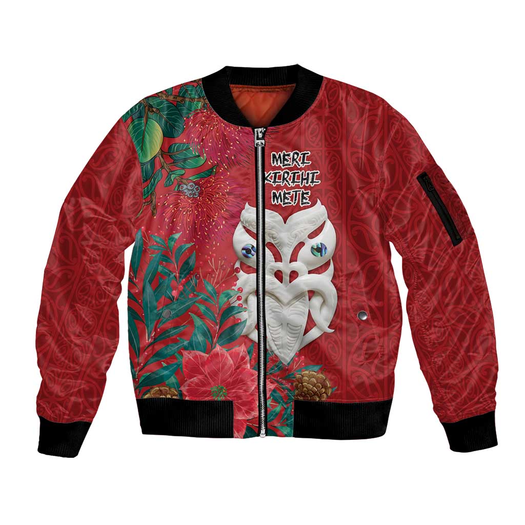Maori Wheku Meri Kirihimete Personalised Sleeve Zip Bomber Jacket All Red Indigenous Maori Motif - Aussie Hoodie