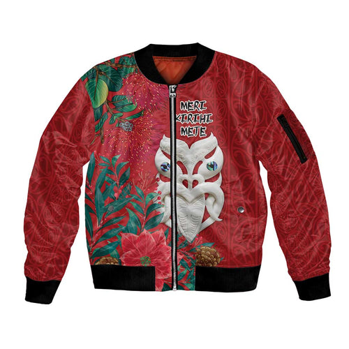Maori Wheku Meri Kirihimete Personalised Sleeve Zip Bomber Jacket All Red Indigenous Maori Motif - Aussie Hoodie