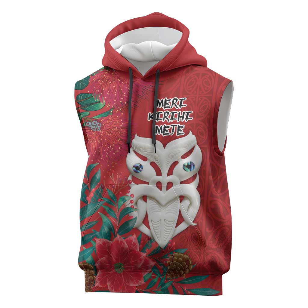 Maori Wheku Meri Kirihimete Personalised Sleeveless Hoodie All Red Indigenous Maori Motif - Aussie Hoodie