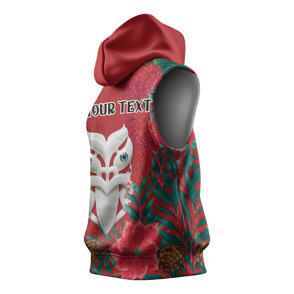 Maori Wheku Meri Kirihimete Personalised Sleeveless Hoodie All Red Indigenous Maori Motif - Aussie Hoodie