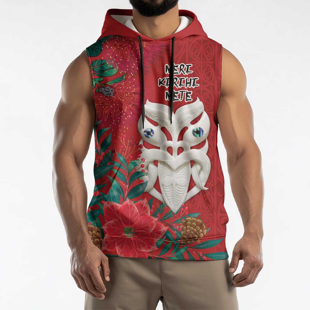 Maori Wheku Meri Kirihimete Personalised Sleeveless Hoodie All Red Indigenous Maori Motif - Aussie Hoodie