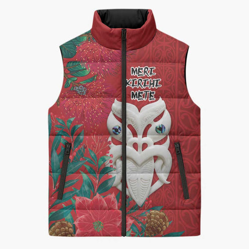 Maori Wheku Meri Kirihimete Personalised Sleeveless Puffer Jacket All Red Indigenous Maori Motif - Aussie Hoodie