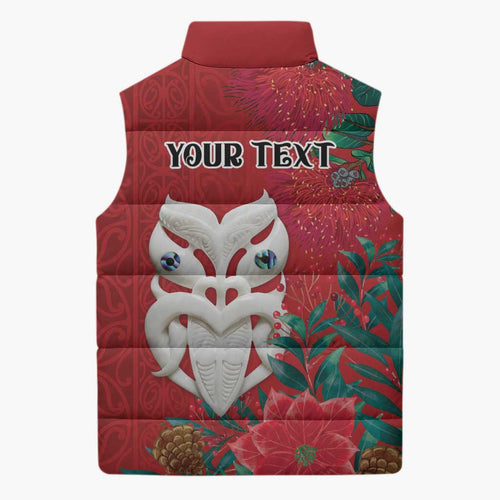 Maori Wheku Meri Kirihimete Personalised Sleeveless Puffer Jacket All Red Indigenous Maori Motif - Aussie Hoodie