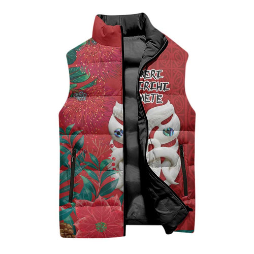 Maori Wheku Meri Kirihimete Personalised Sleeveless Puffer Jacket All Red Indigenous Maori Motif - Aussie Hoodie