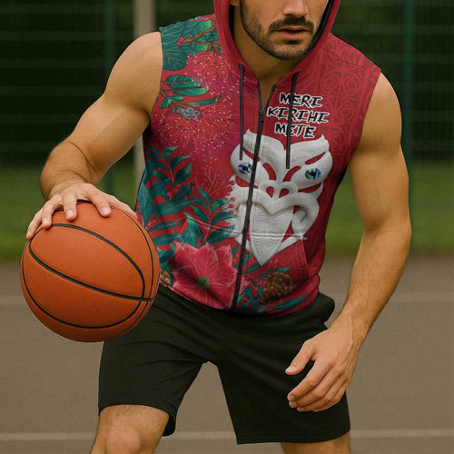 Maori Wheku Meri Kirihimete Personalised Sleeveless Zip Hoodie All Red Indigenous Maori Motif LT9