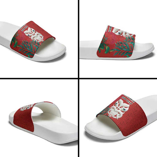 Maori Wheku Meri Kirihimete Personalised Slide Sandals All Red Indigenous Maori Motif - Aussie Hoodie