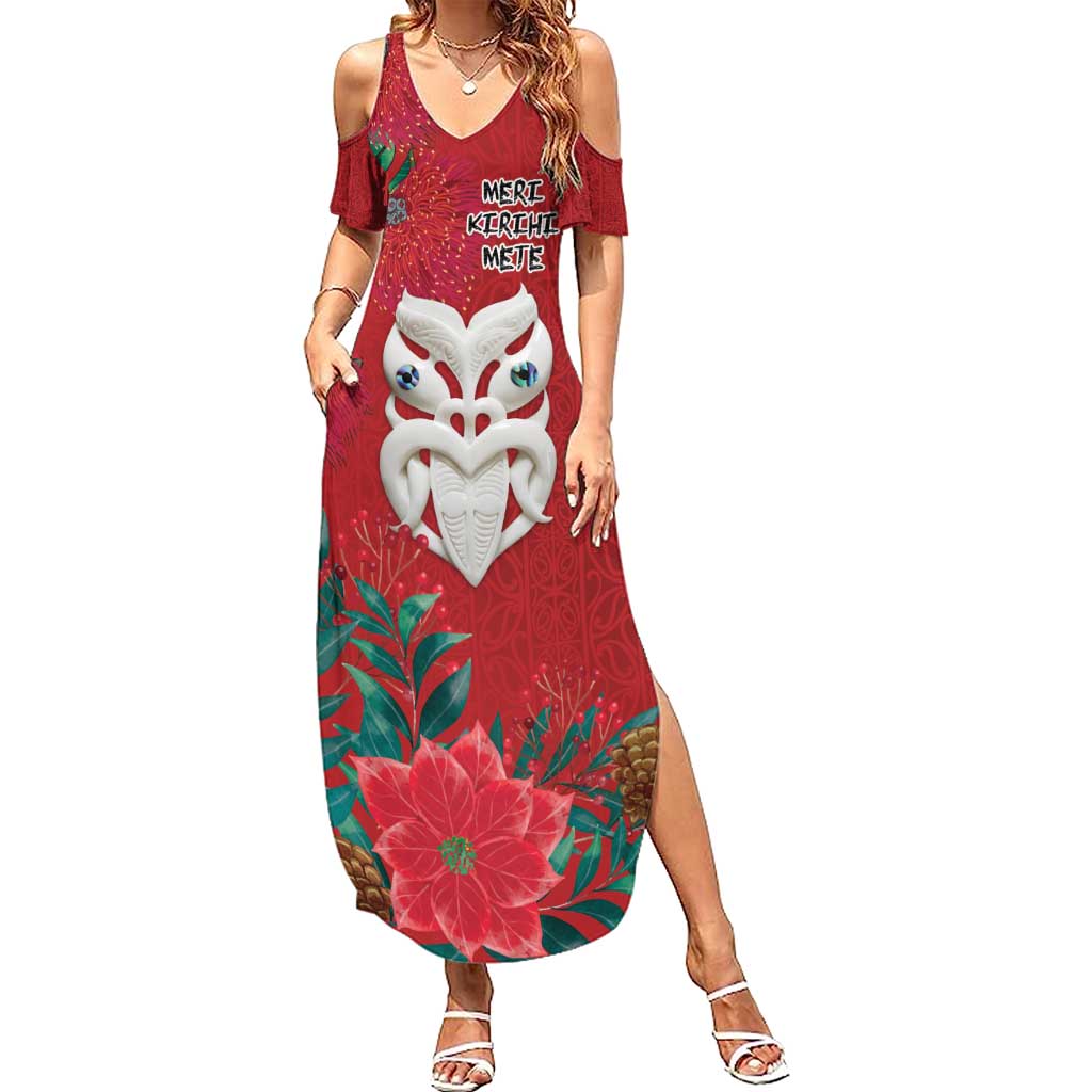 Maori Wheku Meri Kirihimete Personalised Summer Maxi Dress All Red Indigenous Maori Motif - Aussie Hoodie