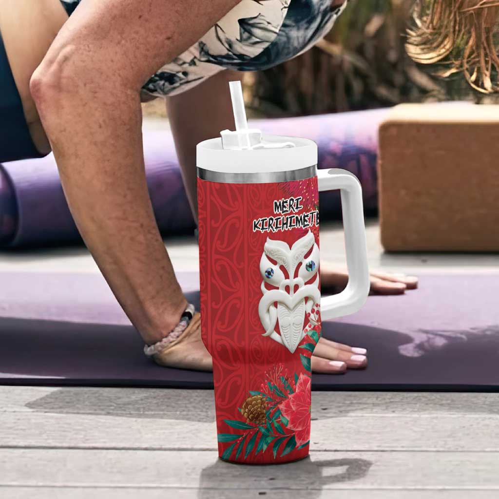Maori Wheku Meri Kirihimete Personalised Tumbler With Handle All Red Indigenous Maori Motif - Aussie Hoodie