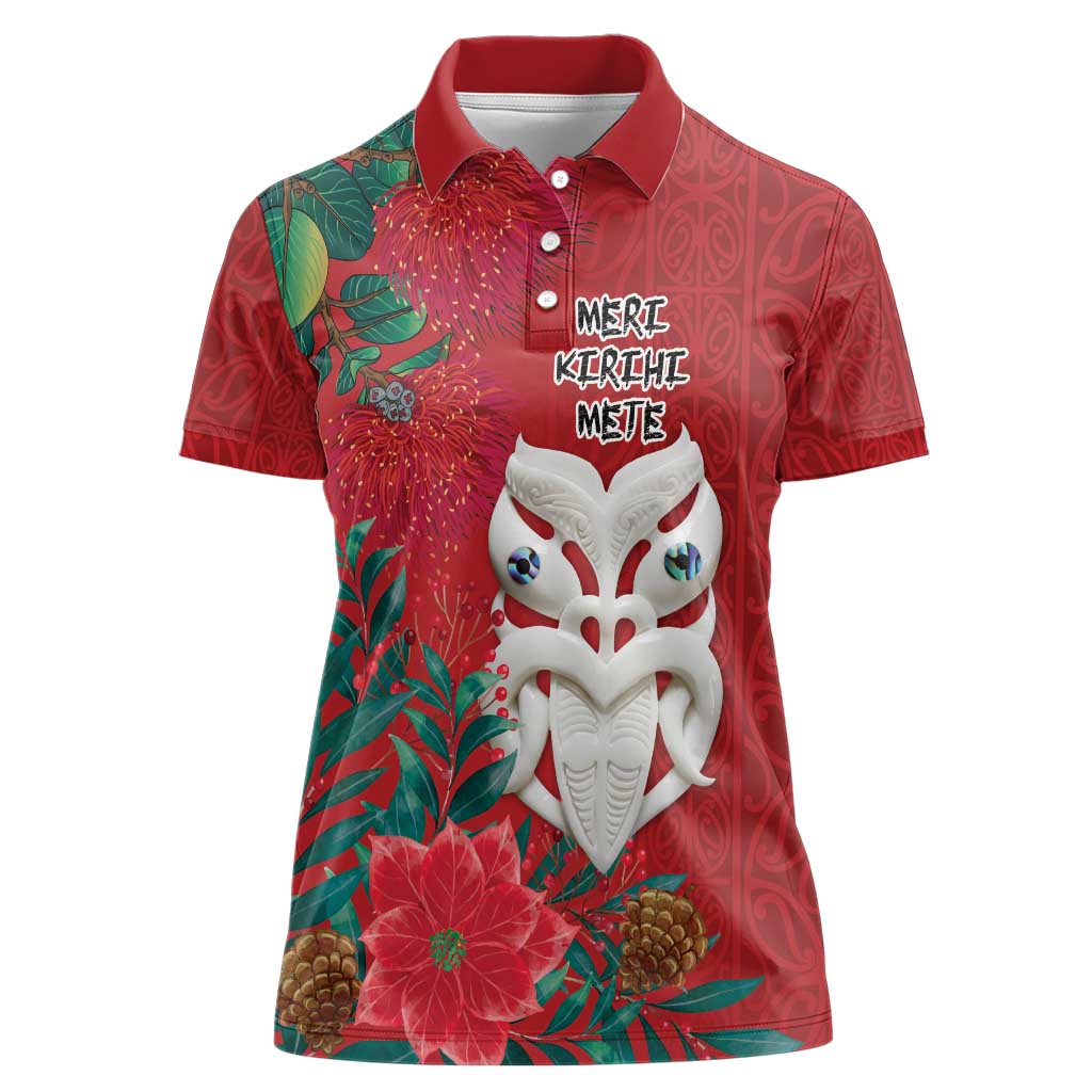 Maori Wheku Meri Kirihimete Personalised Women Polo Shirt All Red Indigenous Maori Motif - Aussie Hoodie