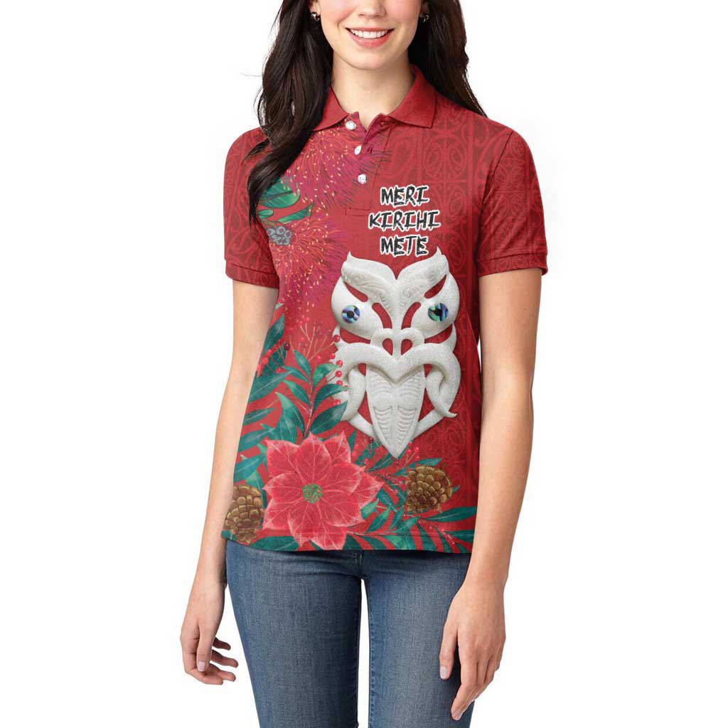 Maori Wheku Meri Kirihimete Personalised Women Polo Shirt All Red Indigenous Maori Motif - Aussie Hoodie