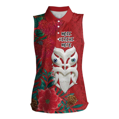 Maori Wheku Meri Kirihimete Personalised Women Sleeveless Polo Shirt All Red Indigenous Maori Motif - Aussie Hoodie