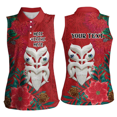 Maori Wheku Meri Kirihimete Personalised Women Sleeveless Polo Shirt All Red Indigenous Maori Motif - Aussie Hoodie