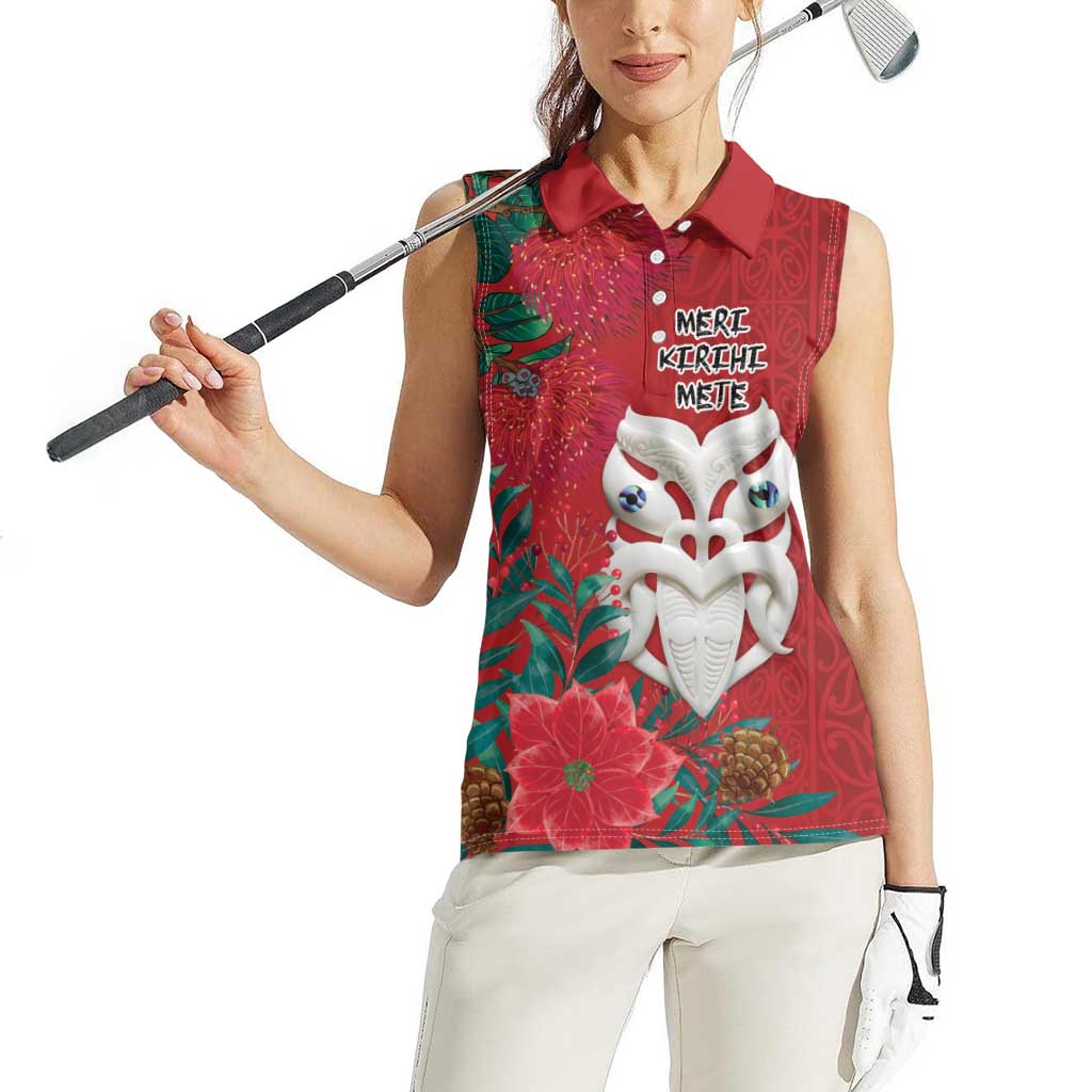 Maori Wheku Meri Kirihimete Personalised Women Sleeveless Polo Shirt All Red Indigenous Maori Motif - Aussie Hoodie