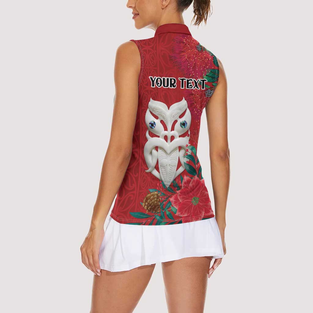 Maori Wheku Meri Kirihimete Personalised Women Sleeveless Polo Shirt All Red Indigenous Maori Motif - Aussie Hoodie