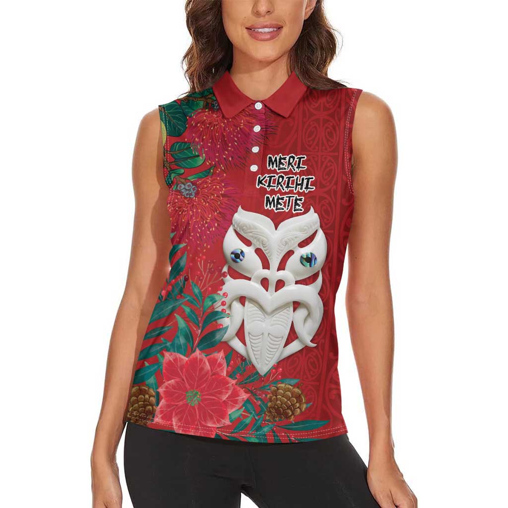 Maori Wheku Meri Kirihimete Personalised Women Sleeveless Polo Shirt All Red Indigenous Maori Motif - Aussie Hoodie