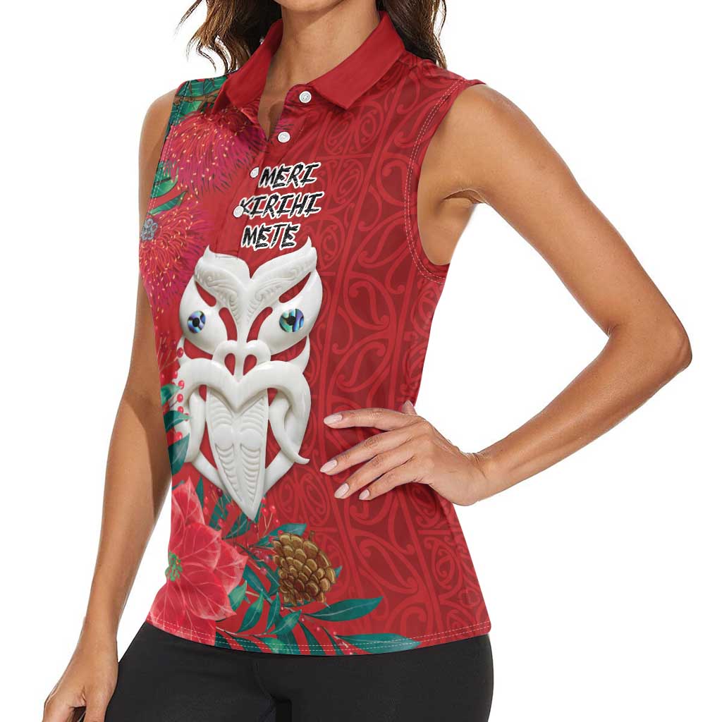 Maori Wheku Meri Kirihimete Personalised Women Sleeveless Polo Shirt All Red Indigenous Maori Motif - Aussie Hoodie
