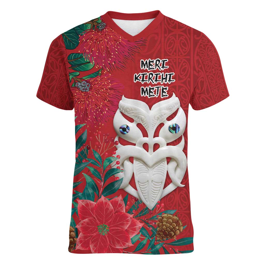 Maori Wheku Meri Kirihimete Personalised Women V-Neck T-Shirt All Red Indigenous Maori Motif - Aussie Hoodie